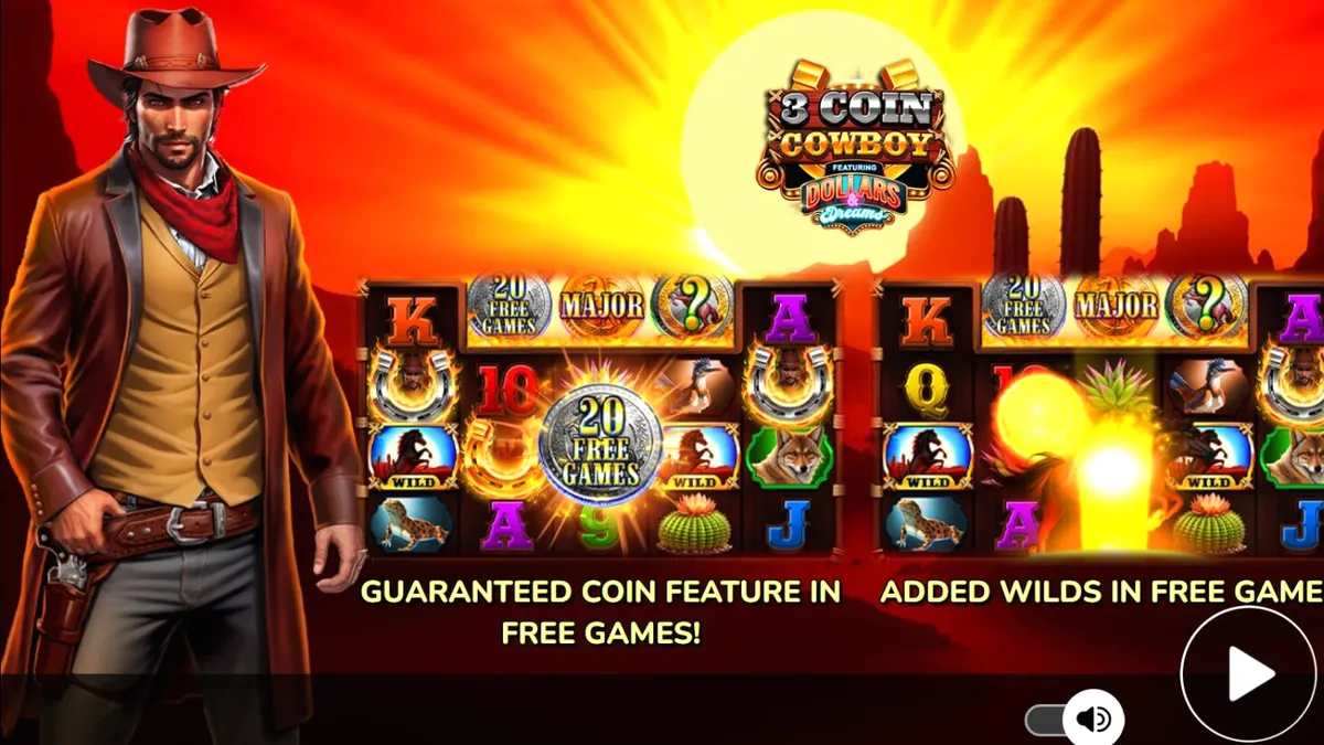 Tampilan visual slot 3 Coin Cowboy Dollars & Dreams dengan latar belakang Wild West