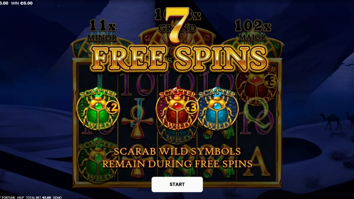 Tampilan antarmuka slot 3 Scarabs of Fortune pada perangkat seluler dengan latar belakang piramida Mesir.