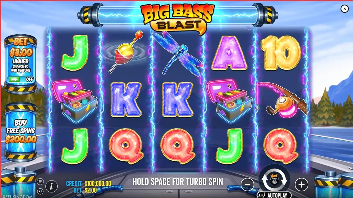 Tampilan antarmuka slot Big Bass Blast dengan tema futuristik dan elemen memancing.